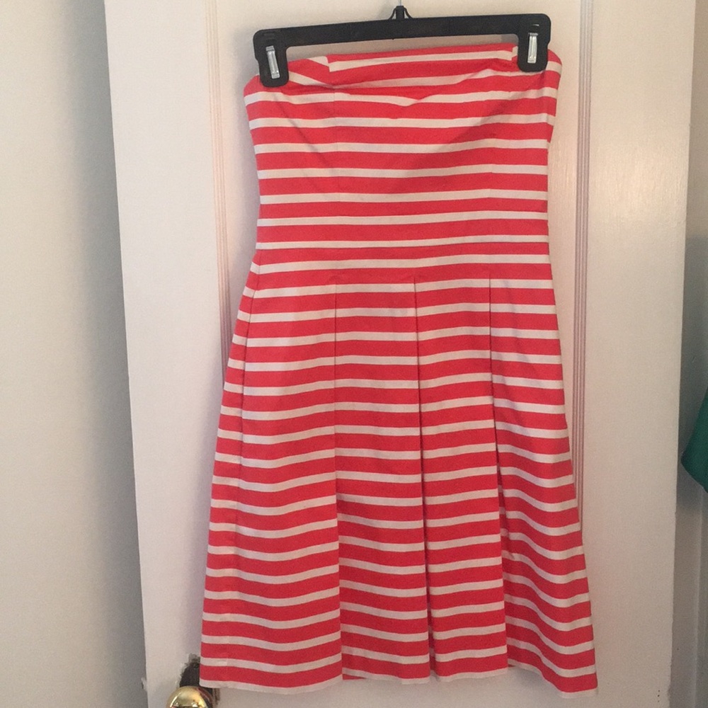 Coral and white stripe strapless dress